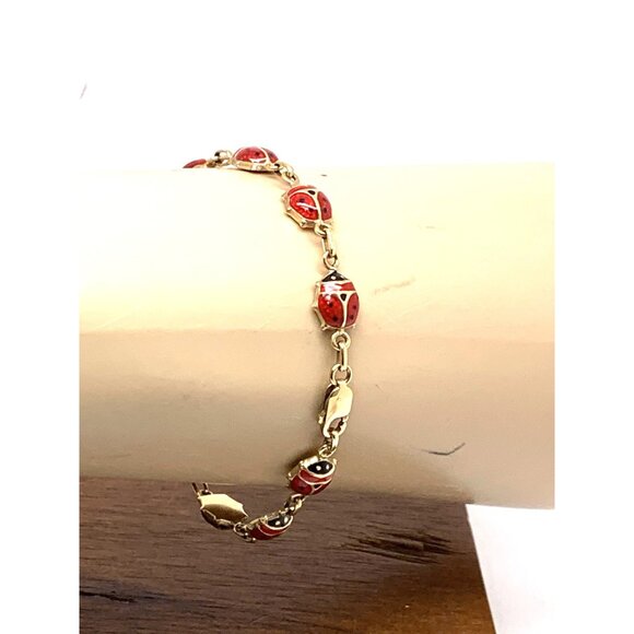 Red Lady Bug Bracelet 14k Yellow Gold Chain Women's 6.5'' Wrist Estate Jewelry - Picture 8 of 13